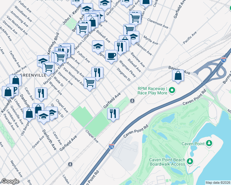 map of restaurants, bars, coffee shops, grocery stores, and more near 538 Garfield Avenue in Jersey City