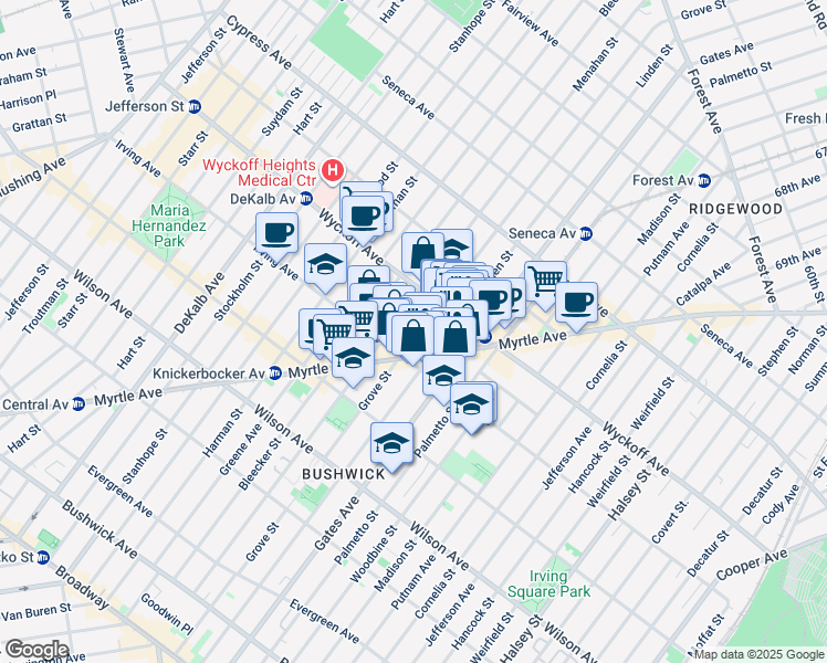 map of restaurants, bars, coffee shops, grocery stores, and more near 320 Irving Avenue in Brooklyn
