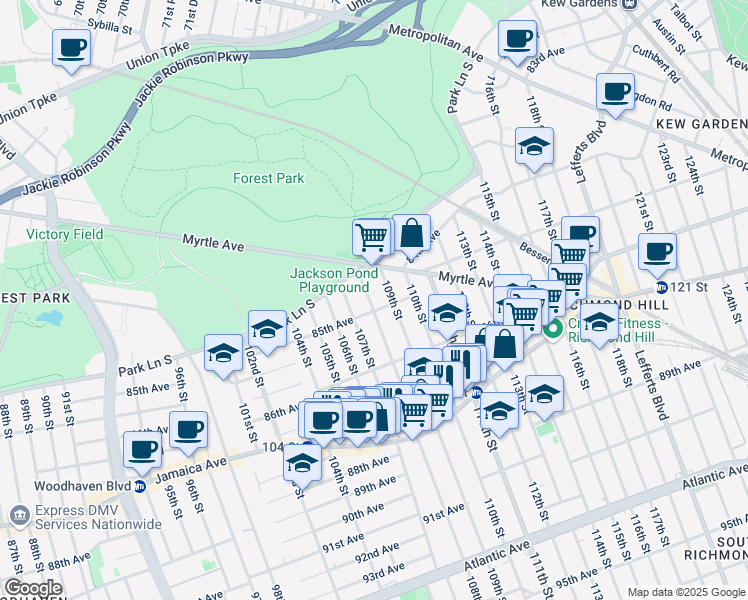 map of restaurants, bars, coffee shops, grocery stores, and more near 107-03 85th Avenue in Queens