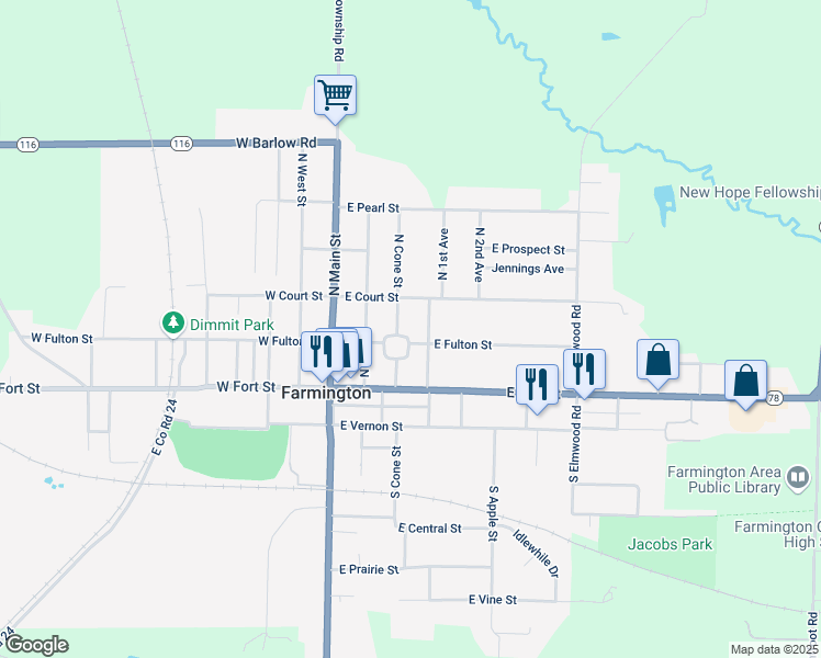 map of restaurants, bars, coffee shops, grocery stores, and more near 200 East Fulton Street in Farmington
