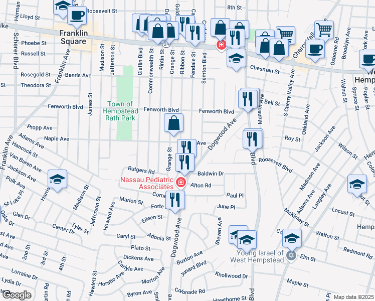 map of restaurants, bars, coffee shops, grocery stores, and more near 297 Ribbon Street in Franklin Square
