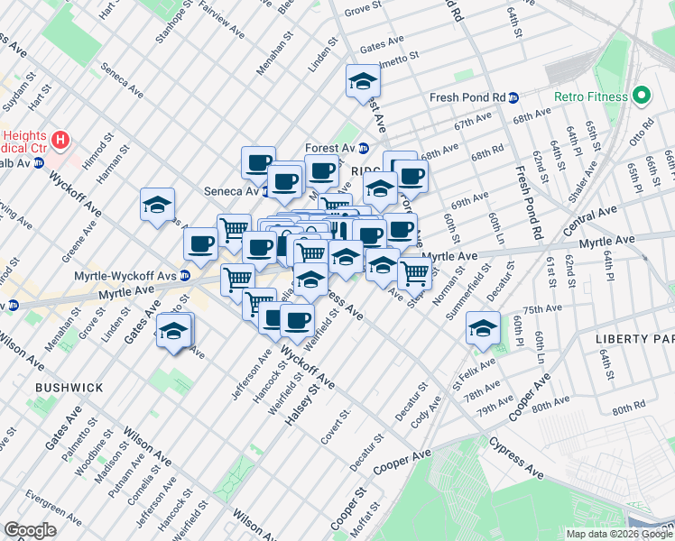 map of restaurants, bars, coffee shops, grocery stores, and more near 17-35 Hancock Street in Queens