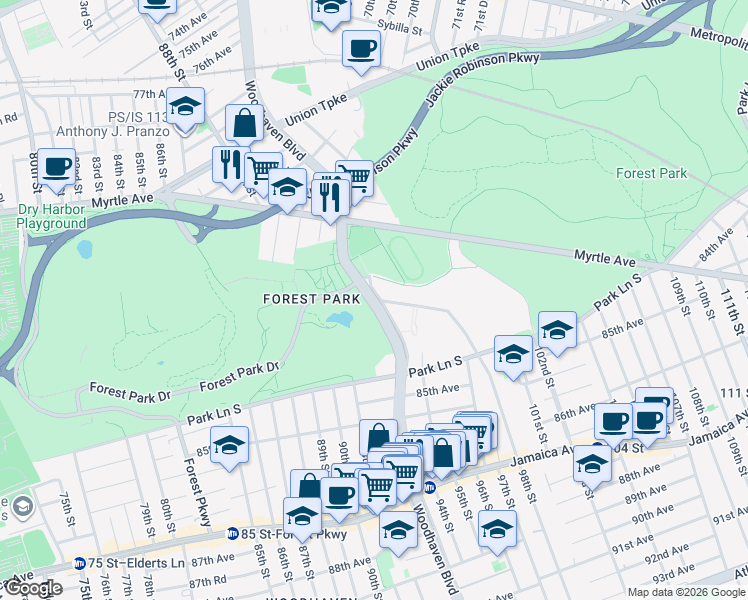 map of restaurants, bars, coffee shops, grocery stores, and more near 83-77 Woodhaven Boulevard in Queens