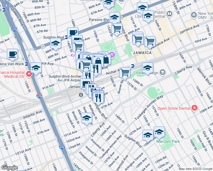 map of restaurants, bars, coffee shops, grocery stores, and more near 25 94th Avenue in Queens