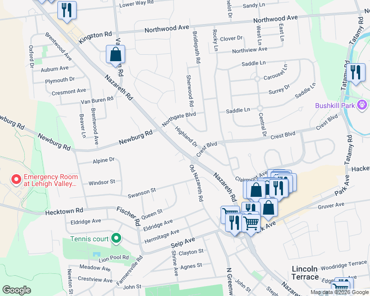 map of restaurants, bars, coffee shops, grocery stores, and more near 3266 Nazareth Road in Easton