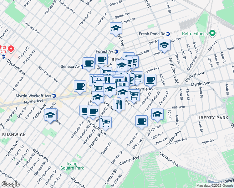 map of restaurants, bars, coffee shops, grocery stores, and more near Seneca Avenue & Weirfield Street in Queens