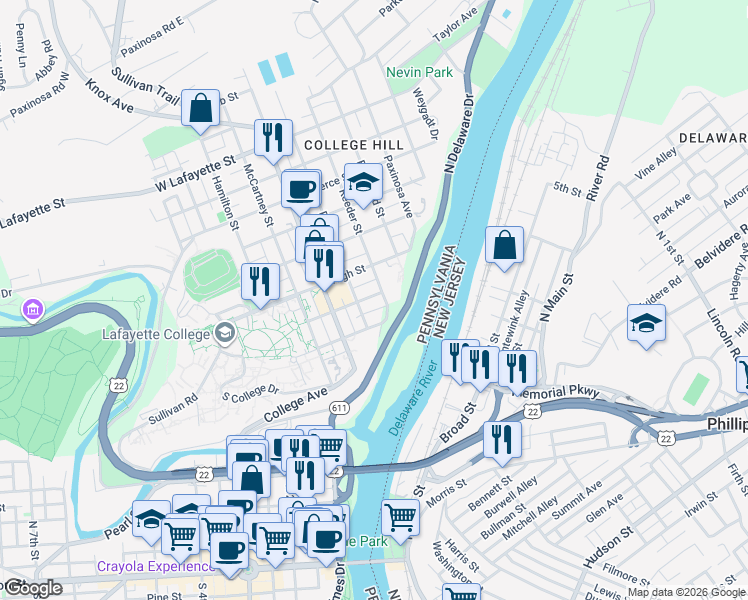 map of restaurants, bars, coffee shops, grocery stores, and more near 329 Clinton Terrace in Easton