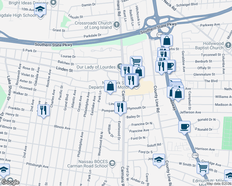 map of restaurants, bars, coffee shops, grocery stores, and more near 12 Joan Lane in Massapequa Park