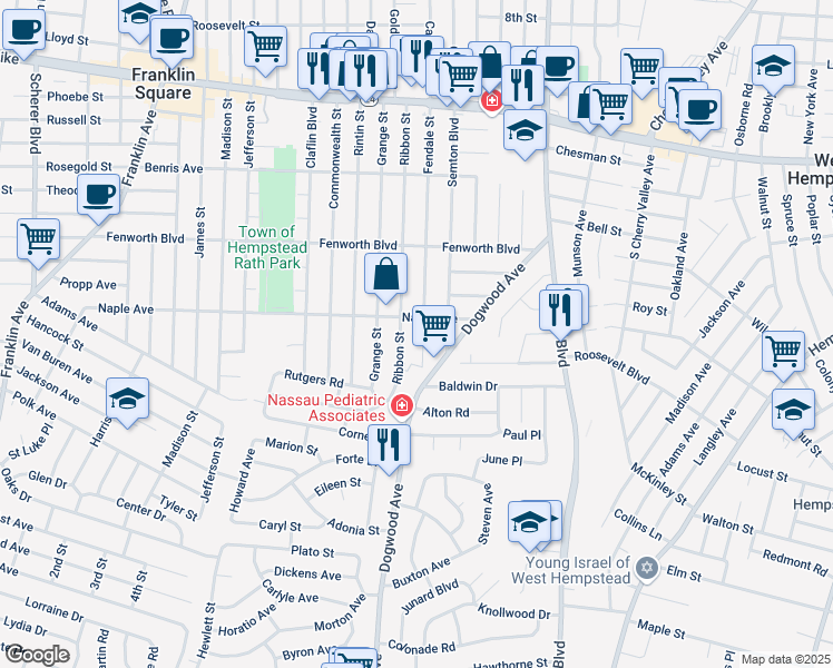 map of restaurants, bars, coffee shops, grocery stores, and more near 297 Ribbon Street in Franklin Square