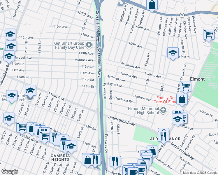 map of restaurants, bars, coffee shops, grocery stores, and more near 505 Parkway Drive in Queens