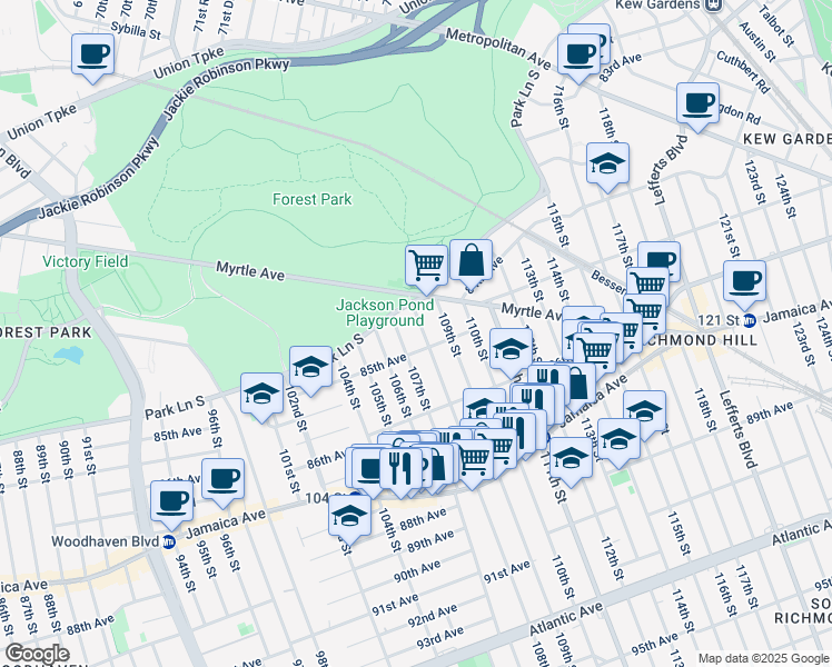 map of restaurants, bars, coffee shops, grocery stores, and more near 107-03 85th Avenue in Queens