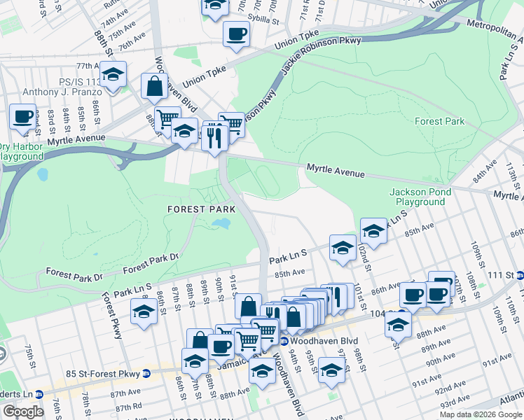 map of restaurants, bars, coffee shops, grocery stores, and more near 83-77 Woodhaven Boulevard in Queens
