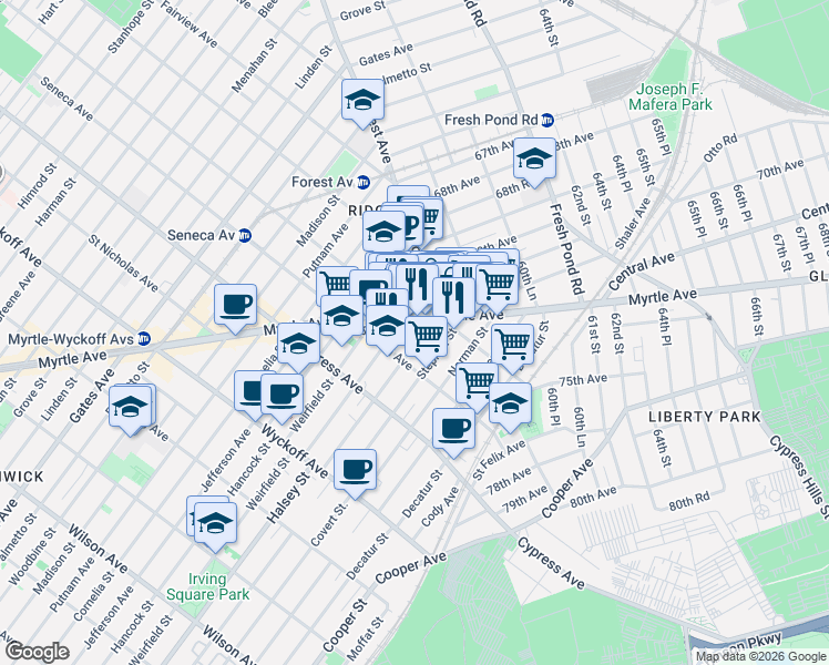 map of restaurants, bars, coffee shops, grocery stores, and more near 18-23 Stephen Street in Queens