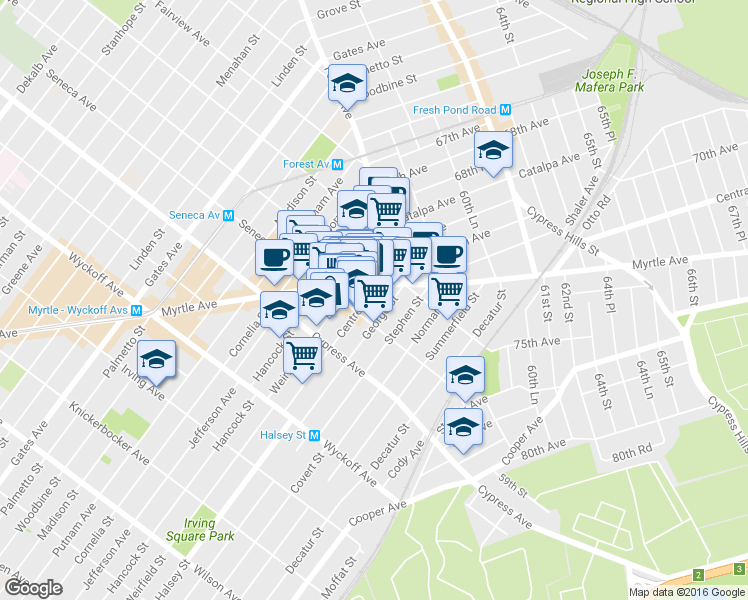 map of restaurants, bars, coffee shops, grocery stores, and more near 979 Seneca Avenue in Queens