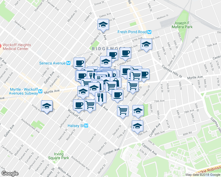 map of restaurants, bars, coffee shops, grocery stores, and more near 979 Seneca Avenue in Queens