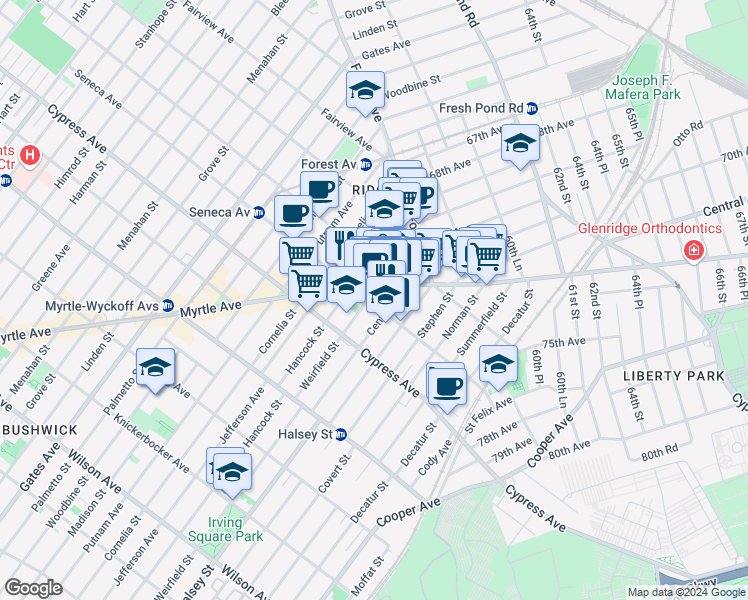 map of restaurants, bars, coffee shops, grocery stores, and more near 979 Seneca Avenue in Queens