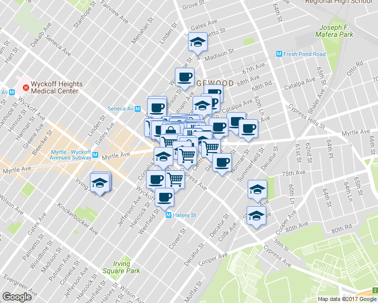 map of restaurants, bars, coffee shops, grocery stores, and more near 933 Seneca Avenue in Queens