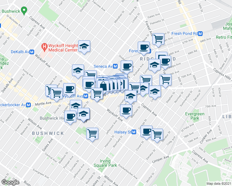 map of restaurants, bars, coffee shops, grocery stores, and more near in Queens