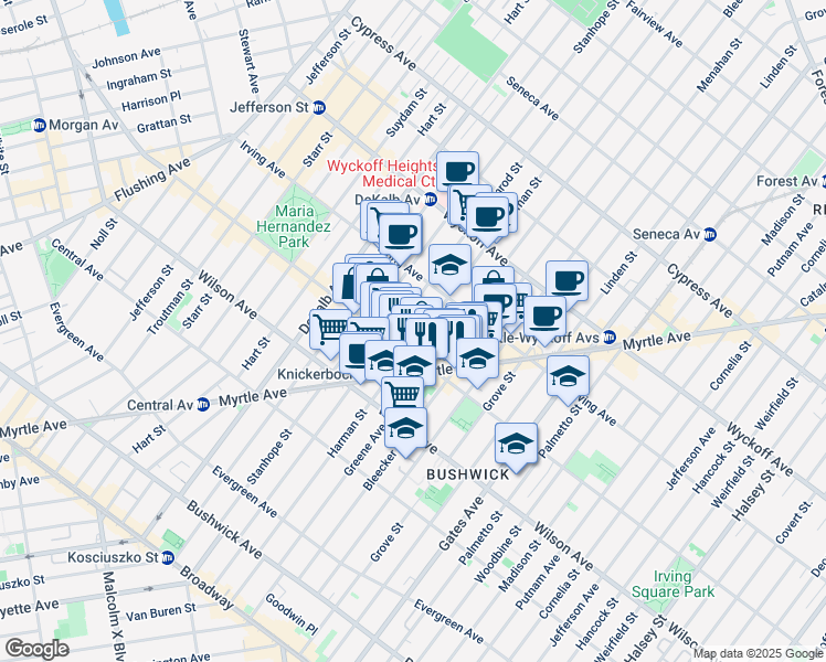 map of restaurants, bars, coffee shops, grocery stores, and more near 1333 Greene Avenue in Brooklyn