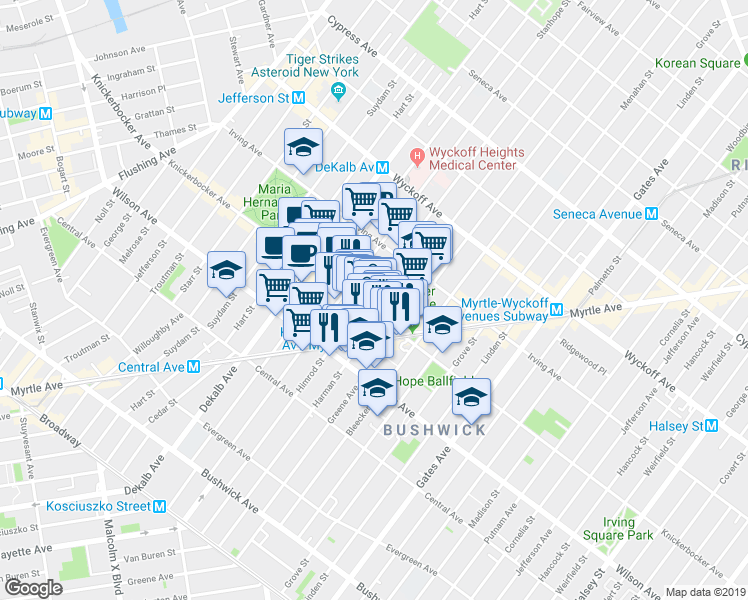 map of restaurants, bars, coffee shops, grocery stores, and more near 418 Knickerbocker Avenue in Brooklyn