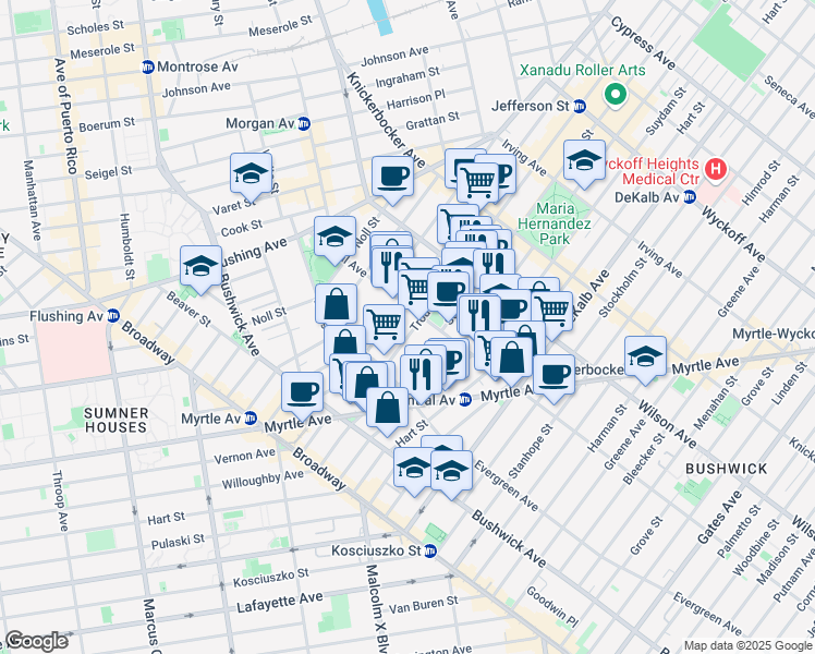 map of restaurants, bars, coffee shops, grocery stores, and more near 128 Troutman Street in Brooklyn