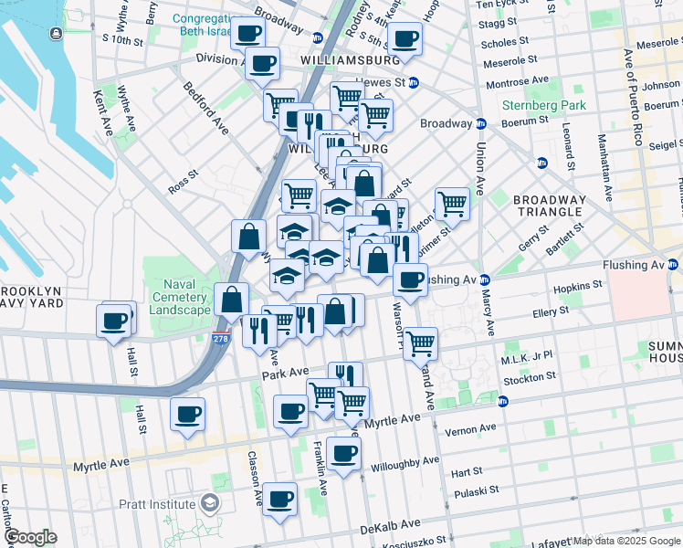 map of restaurants, bars, coffee shops, grocery stores, and more near 712 Bedford Avenue in Brooklyn