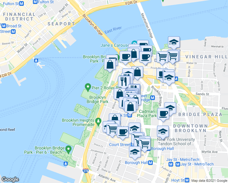 map of restaurants, bars, coffee shops, grocery stores, and more near 12 Orange Street in Brooklyn