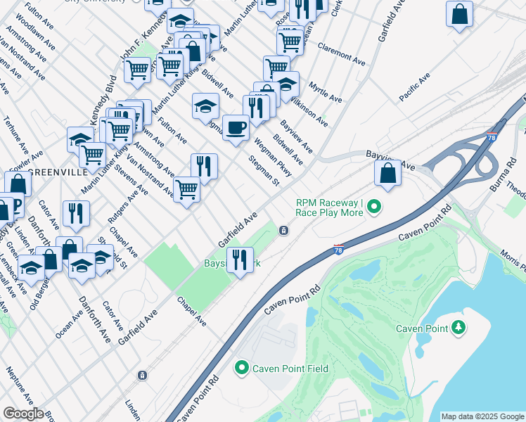map of restaurants, bars, coffee shops, grocery stores, and more near 538 Garfield Avenue in Jersey City