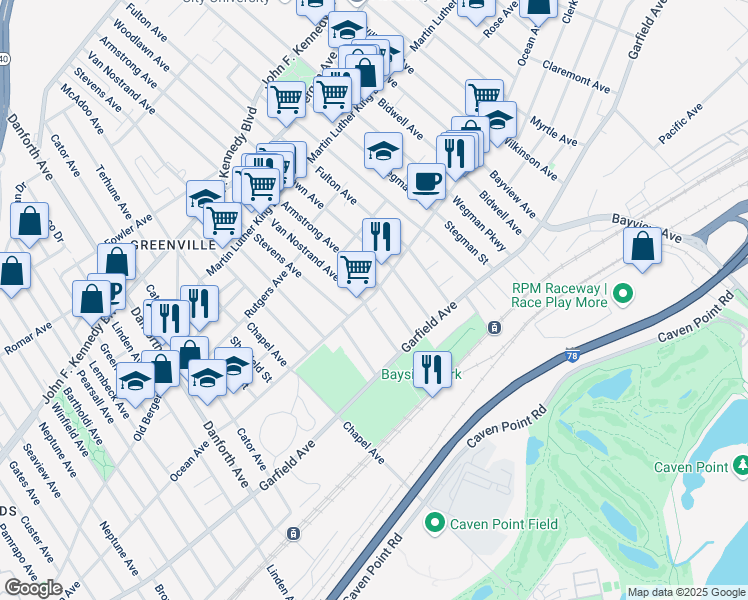map of restaurants, bars, coffee shops, grocery stores, and more near 42-46 Van Nostrand Avenue in Jersey City
