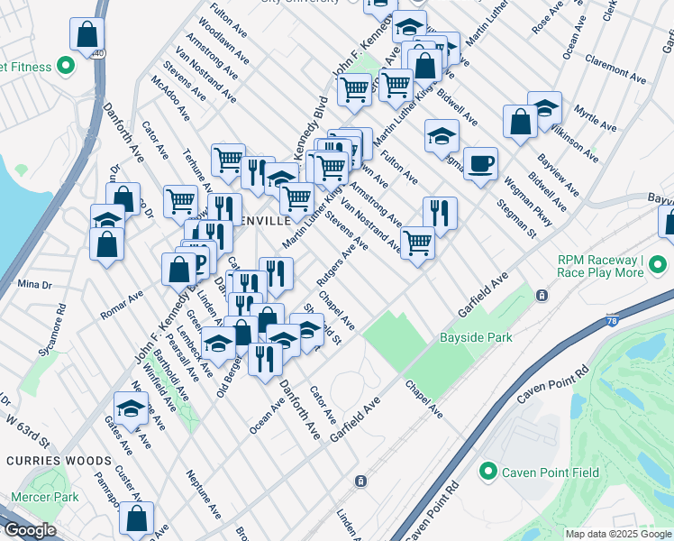 map of restaurants, bars, coffee shops, grocery stores, and more near 48 Warner Avenue in Jersey City