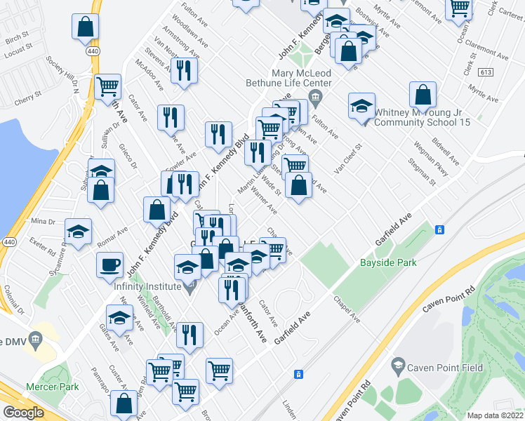 map of restaurants, bars, coffee shops, grocery stores, and more near 61A Rutgers Avenue in Jersey City