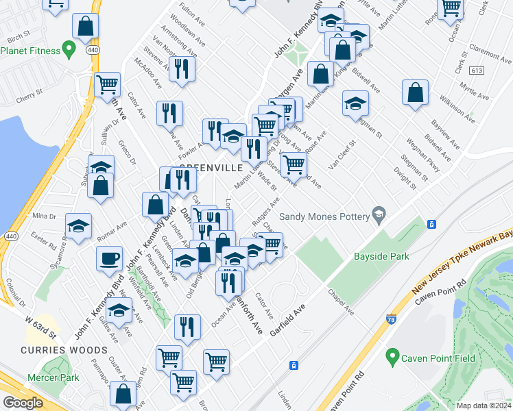 map of restaurants, bars, coffee shops, grocery stores, and more near 61A Rutgers Avenue in Jersey City