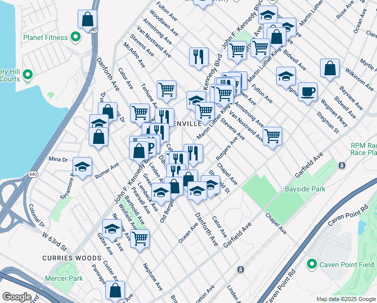 map of restaurants, bars, coffee shops, grocery stores, and more near 35 Rose Avenue in Jersey City