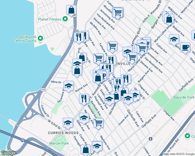 map of restaurants, bars, coffee shops, grocery stores, and more near 1707 John F. Kennedy Boulevard in North Bergen