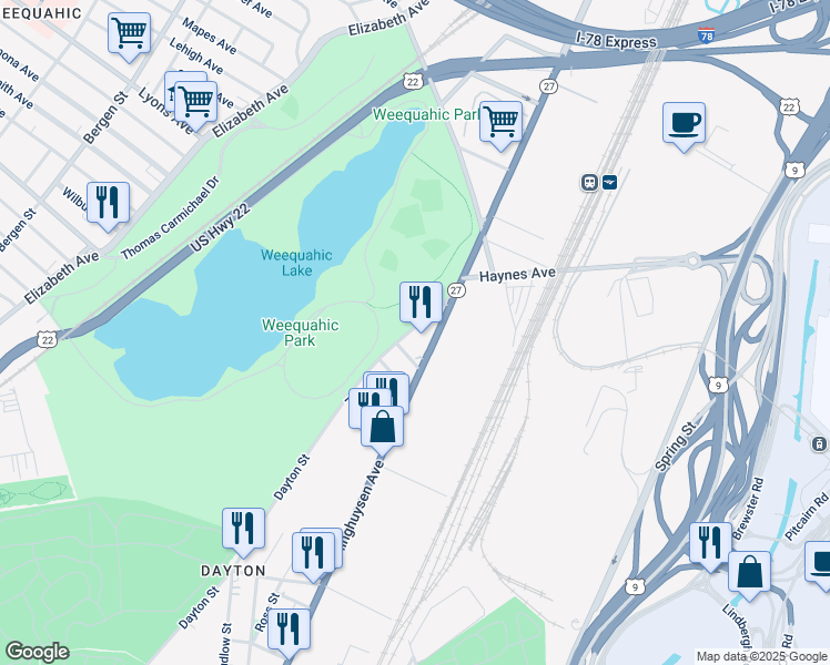 map of restaurants, bars, coffee shops, grocery stores, and more near 641 Frelinghuysen Avenue in Newark
