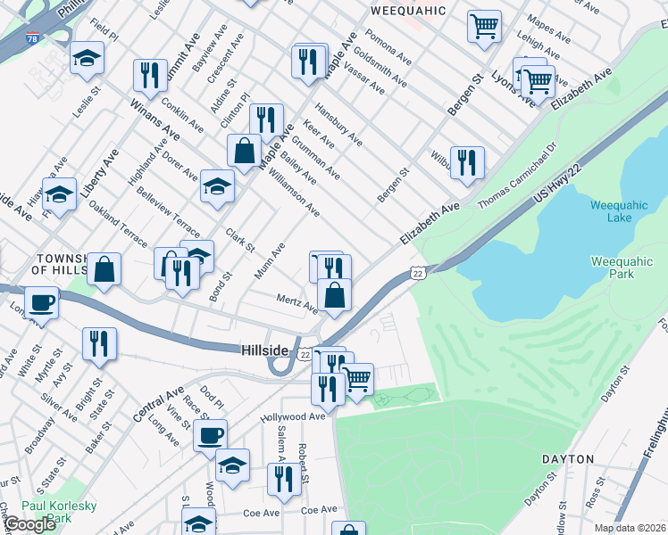 map of restaurants, bars, coffee shops, grocery stores, and more near 1480 North Broad Street in Hillside
