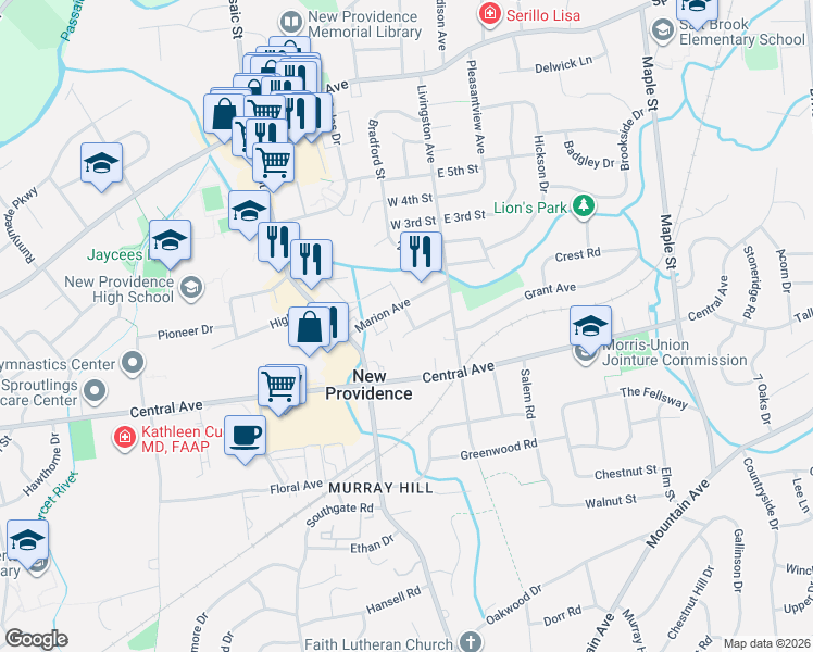 map of restaurants, bars, coffee shops, grocery stores, and more near in New Providence