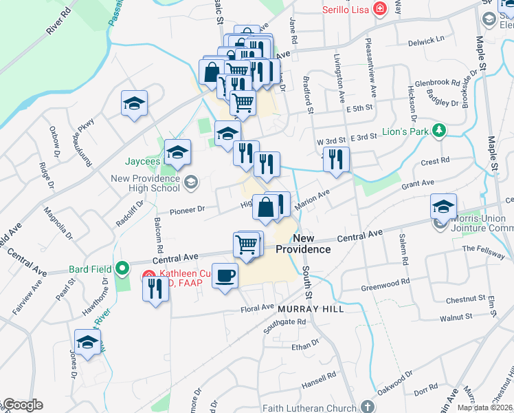 map of restaurants, bars, coffee shops, grocery stores, and more near 185 South Street in New Providence