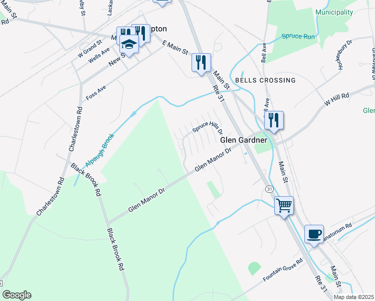 map of restaurants, bars, coffee shops, grocery stores, and more near 2109 Spruce Hills Drive in Glen Gardner