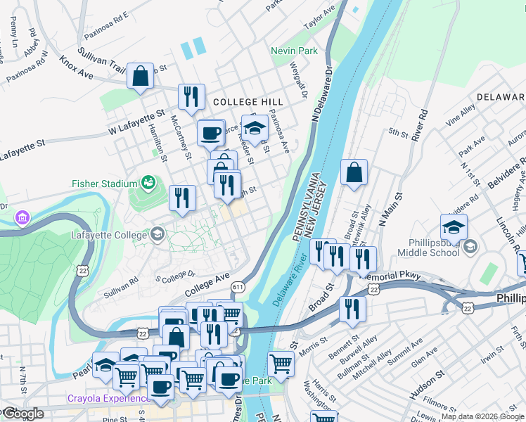 map of restaurants, bars, coffee shops, grocery stores, and more near 329 Clinton Terrace in Easton