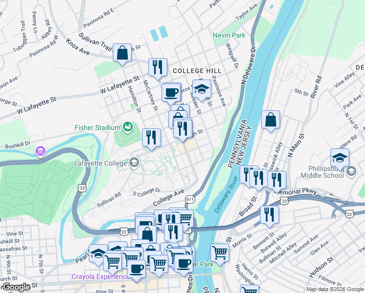 map of restaurants, bars, coffee shops, grocery stores, and more near 512 March Street in Easton