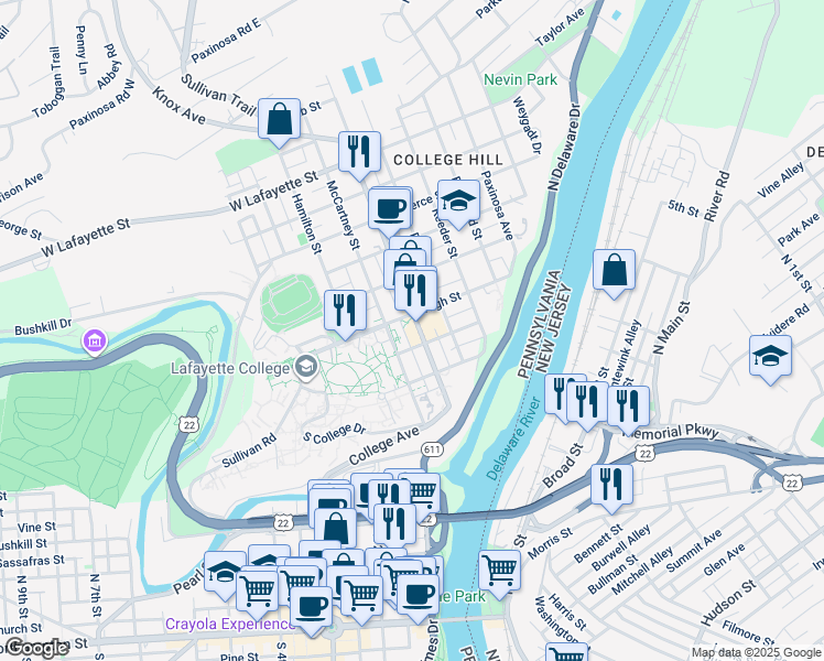 map of restaurants, bars, coffee shops, grocery stores, and more near 512 March Street in Easton