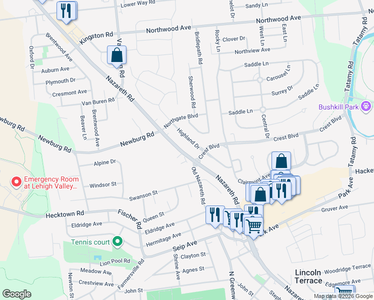 map of restaurants, bars, coffee shops, grocery stores, and more near 3266 Nazareth Road in Easton
