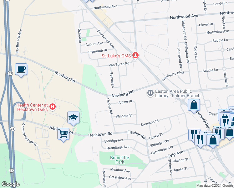 map of restaurants, bars, coffee shops, grocery stores, and more near 2707 Newburg Road in Easton