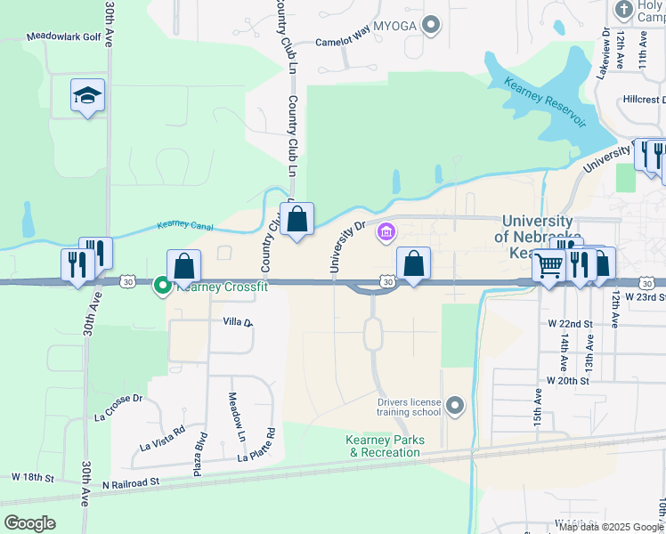 map of restaurants, bars, coffee shops, grocery stores, and more near 2402 University Drive in Kearney