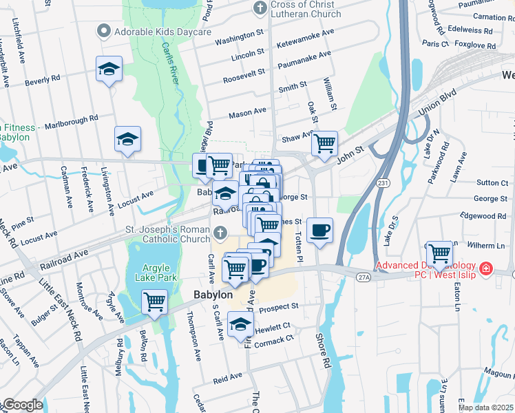 map of restaurants, bars, coffee shops, grocery stores, and more near 198 Deer Park Avenue in Babylon