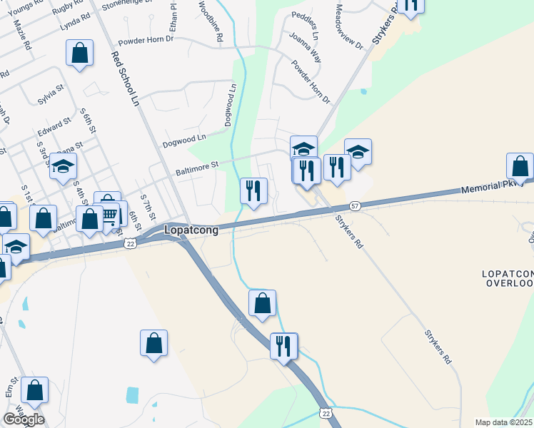 map of restaurants, bars, coffee shops, grocery stores, and more near 71 New Jersey 57 in Phillipsburg