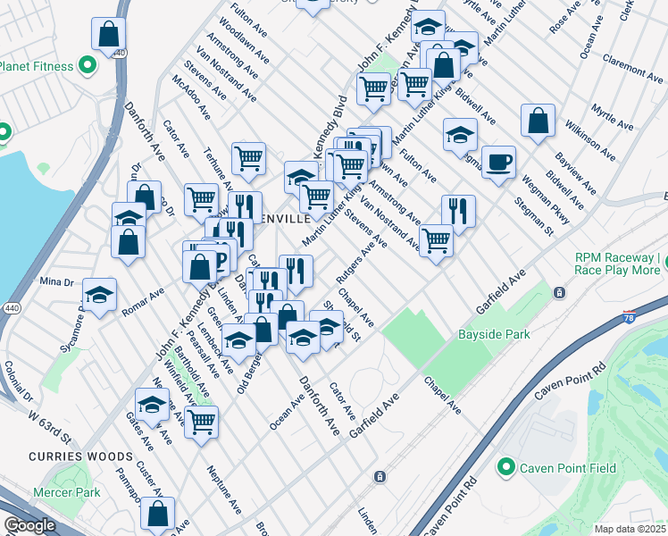 map of restaurants, bars, coffee shops, grocery stores, and more near 70 Rose Avenue in Jersey City