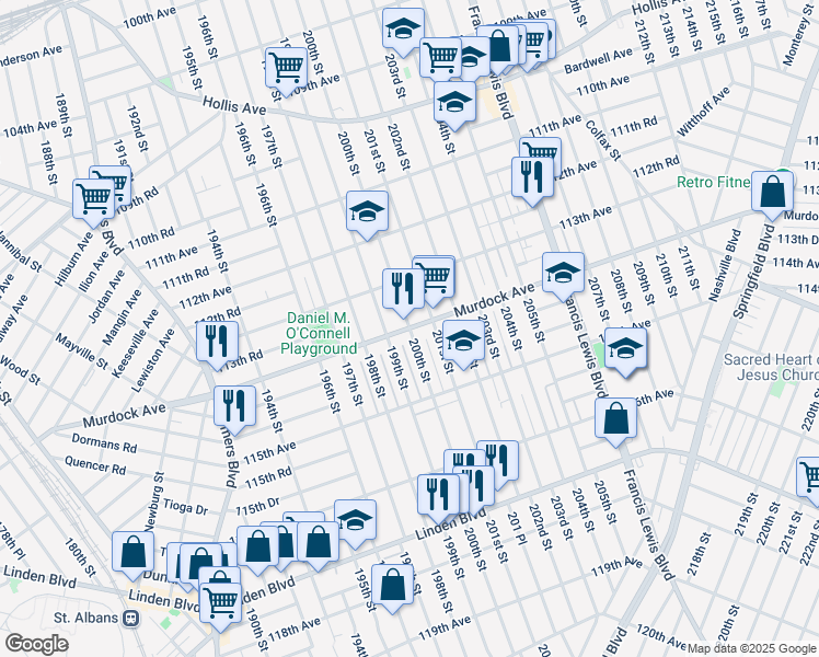 map of restaurants, bars, coffee shops, grocery stores, and more near 200th Street in Queens