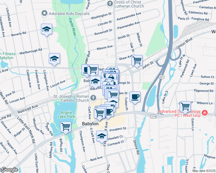 map of restaurants, bars, coffee shops, grocery stores, and more near 198 Deer Park Avenue in Babylon